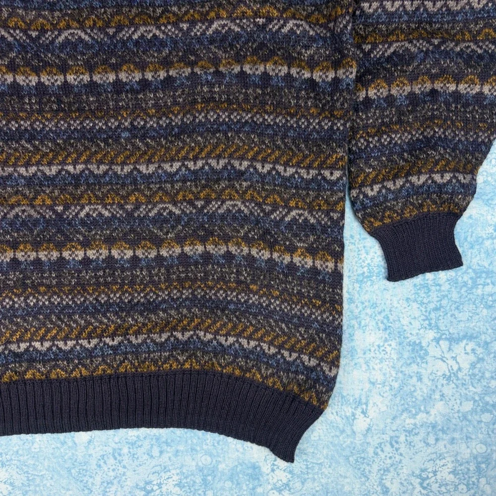 Vintage Alpaca Baby Fina Peru Hand Knitted Fair Isle Sweater Navy Blue Mens XL